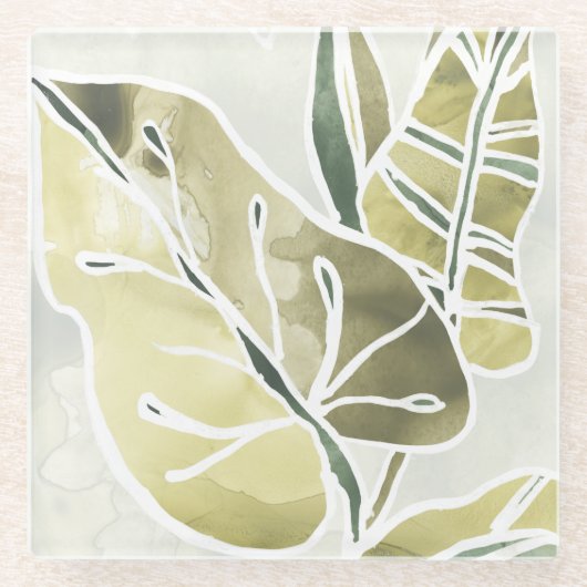 ろうけつ染めの葉 ガラスコースター (正面)