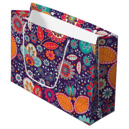 ろうけつ染めカラフルイラストレーション自然フローラルパターン ラージペーパーバッグ