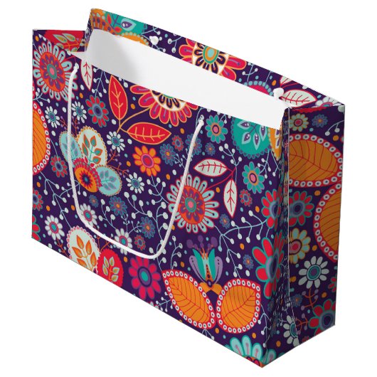 ろうけつ染めカラフルイラストレーション自然フローラルパターン ラージペーパーバッグ (正面アングル)