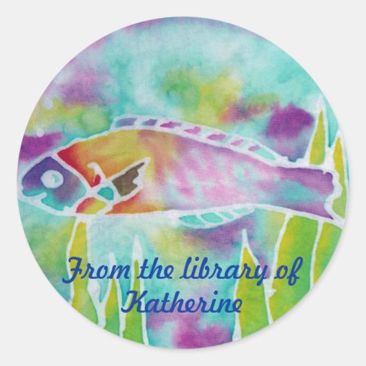 ろうけつ染めヒナレワラスフィッシュ名前をカスタムする蔵書票 ラウンドシール (正面)