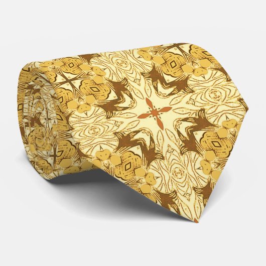 ろうけつ染めマンダラパターンマスタード金ゴールドとブラウン ネクタイ (ロール)