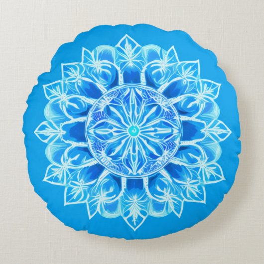 ろうけつ染めマンダラフラワーインターコイズ ラウンドクッション (正面)