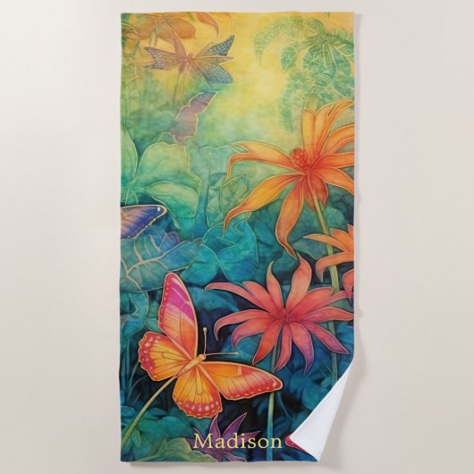 ろうけつ染め鮮やか水彩蝶フローラ ビーチタオル (正面)