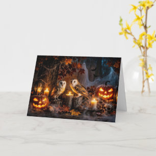 ろうそくとジャック・オー・ランタンのハロウィンふくろう カード