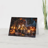 ろうそくとジャック・オー・ランタンのハロウィンふくろう カード (正面)