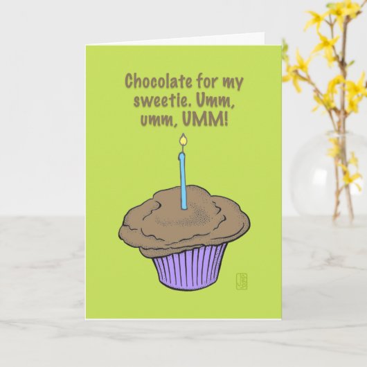 ろうそくの付いたカップケーキ 「えっと、えっと、えっと!」 誕生日 カード (黄色い花)