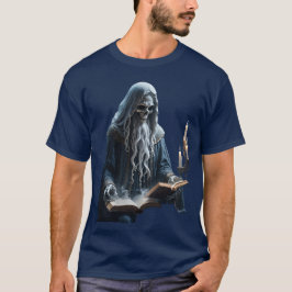 ろうそくの灯りで読書する古代のスケルトン カットアウト Tシャツ