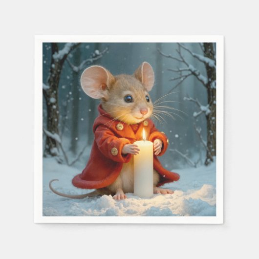 ろうそくを持つクリスマスマウス スタンダードカクテルナプキン (正面)