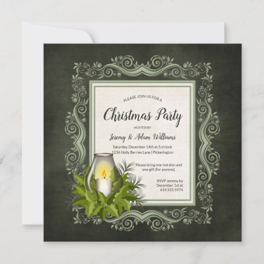 ろうそくエレガント付きダークグリーンのクリスマスパーティー 招待状 (正面)