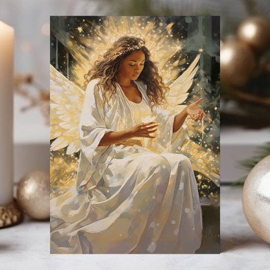 ろうそく付き輝くアフリカのクリスマスエンジェル シーズンカード