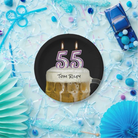 ろうそく付き55歳のバースデービール ペーパープレート (パーティー)