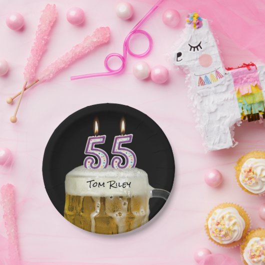 ろうそく付き55歳のバースデービール ペーパープレート (パーティー)