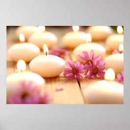 ろうそく、木の床と花のコラージュ禅平和 ポスター