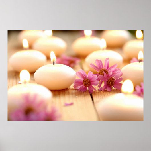 ろうそく、木の床と花のコラージュ禅平和 ポスター (正面)