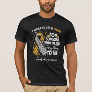 ろう者の認識度ウォリアーを支えるシルバー&金ゴールドリボン Tシャツ