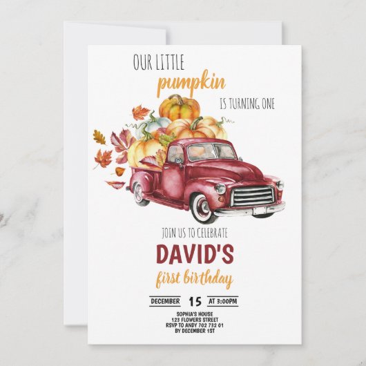 わが子の小さなカボチャの少年第1バースデー秋車 招待状 (正面)