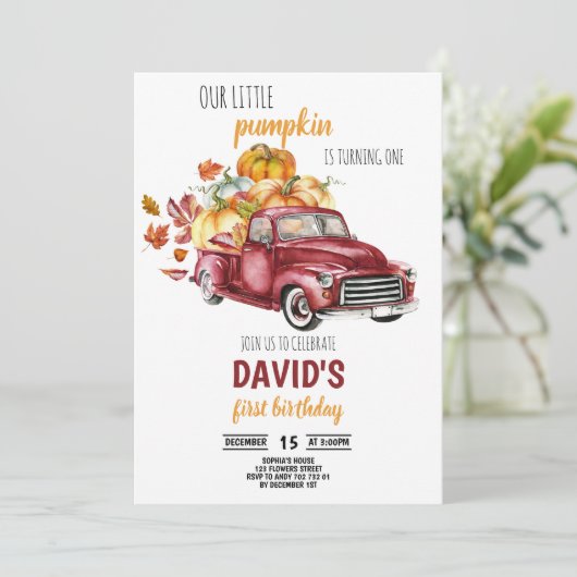 わが子の小さなカボチャの少年第1バースデー秋車 招待状 (スタンド正面)