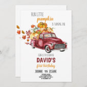 わが子の小さなカボチャの少年第1バースデー秋車 招待状 (正面/裏面)