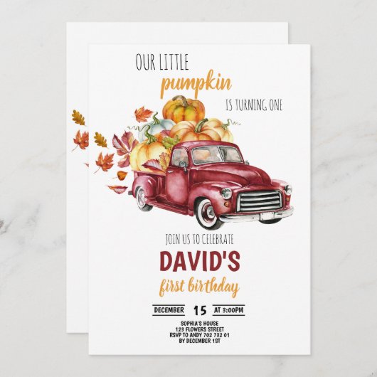 わが子の小さなカボチャの少年第1バースデー秋車 招待状 (正面/裏面)