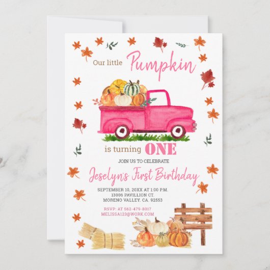 わが子の小さなカボチャガールファースト誕生日ピンクトラック 招待状 (正面)