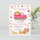 わが子の小さなカボチャガールファースト誕生日ピンクトラック 招待状 (スタンド正面)