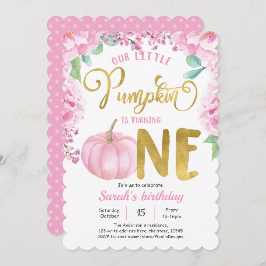 わが子の小さなカボチャ、秋の秋ガール1歳の誕生日 招待状 (正面/裏面)