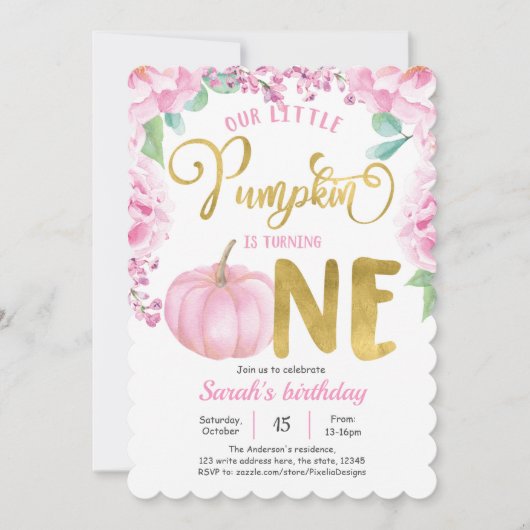 わが子の小さなカボチャ、秋の秋ガール1歳の誕生日 招待状 (正面)