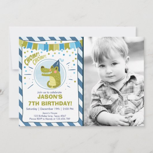 わに誕生日の招待のわにパーティーの男の子 招待状 (正面)