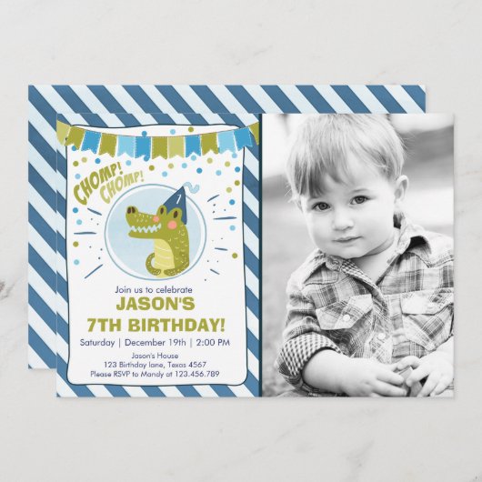 わに誕生日の招待のわにパーティーの男の子 招待状 (正面/裏面)