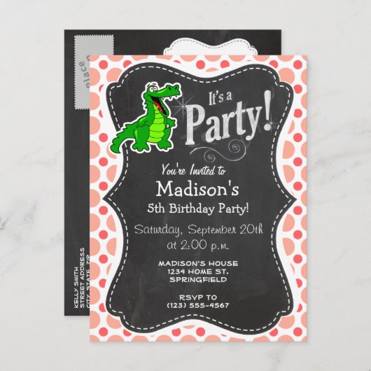 わに; ピンク及び珊瑚の水玉模様 インビテーションポストカード (正面/裏面)