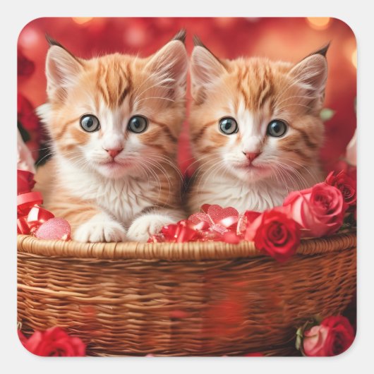 わらのバスケットにいるかわいい子猫たち スクエアシール (正面)