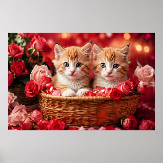 わらのバスケットにいるかわいい子猫たち ポスター (正面)