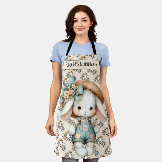 わら帽子と弓でオーバーオールのかわいいバニー エプロン (着用した状態)