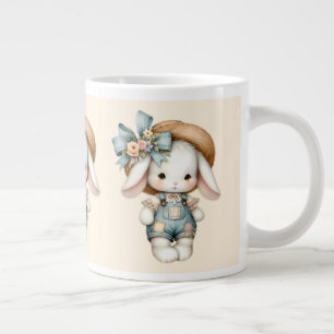 わら帽子と弓でオーバーオールのかわいいバニー ジャンボコーヒーマグカップ
