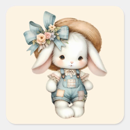 わら帽子と弓でオーバーオールのかわいいバニー スクエアシール (正面)