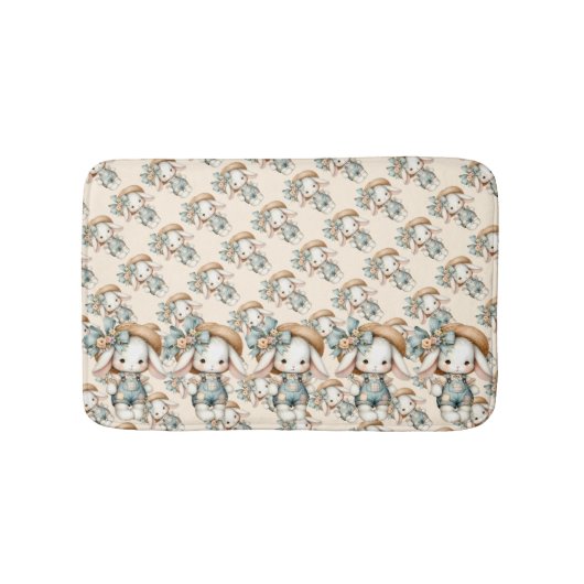 わら帽子と弓でオーバーオールのかわいいバニー バスマット (正面)