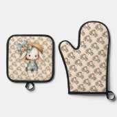 わら帽子と弓でオーバーオールのかわいいバニー 鍋つかみ&鍋敷きセット (正面)