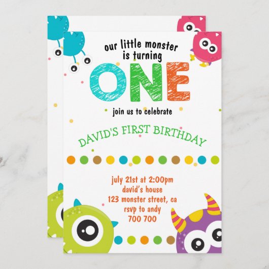 われわれのリトルモンスター男の赤ちゃんファースト誕生日カウト 招待状 (正面/裏面)