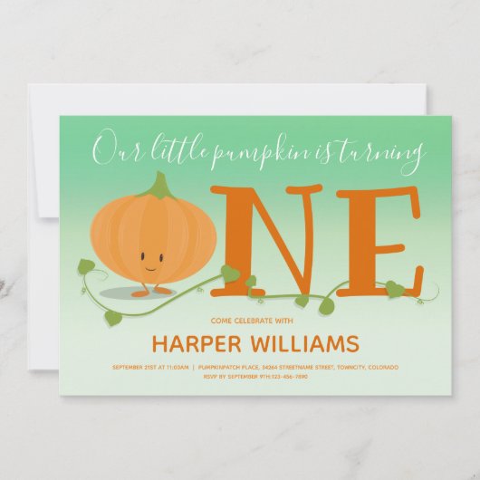 われわれの小さなカボチャが1歳の誕生日グリーンに 招待状 (正面)