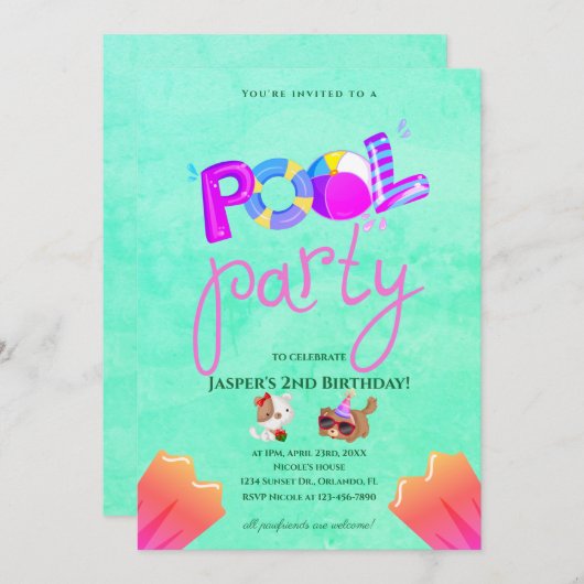 わんちゃんプールパーティーバースデー招待状 招待状 (正面/裏面)