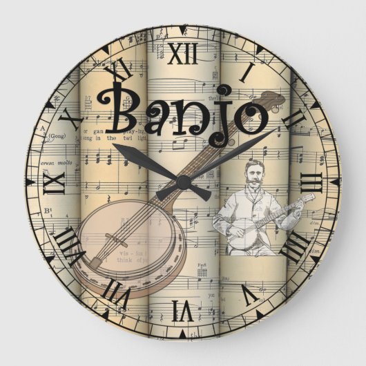 〜をバンジョ転がー〜ヴィンテージシート音楽〜ユニーク~ ラージ壁時計 (正面)