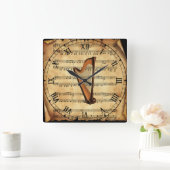 〜をヴィンテージシート音楽の背景にユニーク置く スクエア壁時計 (ホーム)