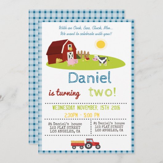 を使ってOINK、羊の鳴き声、鳴き声、MOOの農場の誕生会 招待状 (正面/裏面)