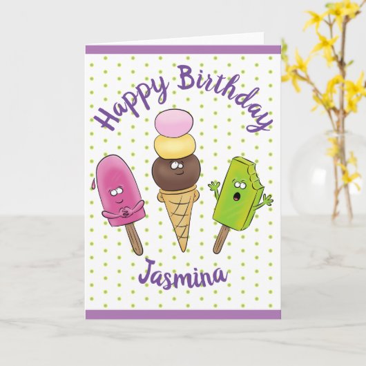 アおもしろいイスクリーム漫画イラストレーション カード (黄色い花)