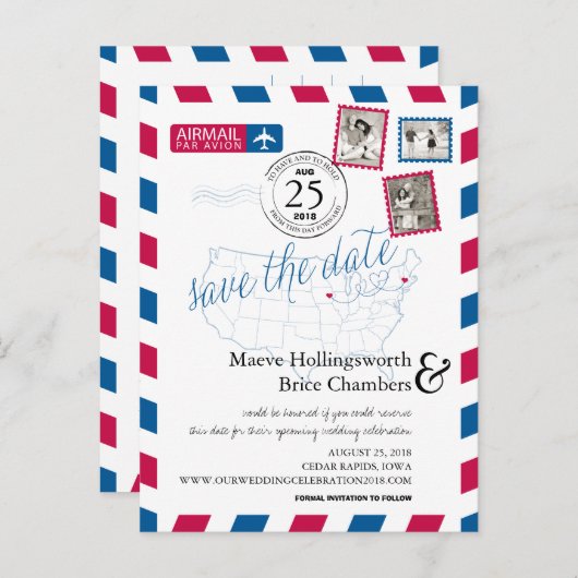 アイオワ州とマサチューセッツ州のAirmail日付を保存 案内ポストカード (正面/裏面)
