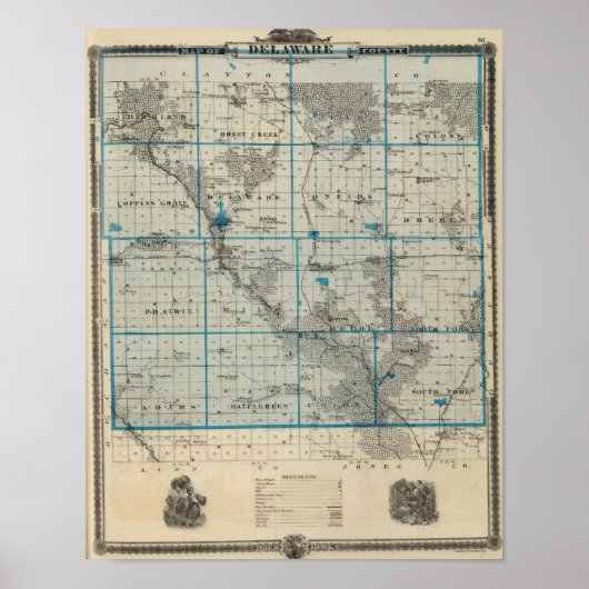 アイオワ州のデラウェア県の州の地図 ポスター (正面)