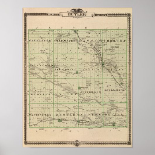 アイオワ州のバトラー郡の州の地図 ポスター (正面)