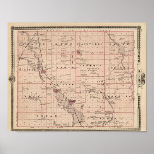 アイオワ州のミッチェル郡の州の地図 ポスター (正面)