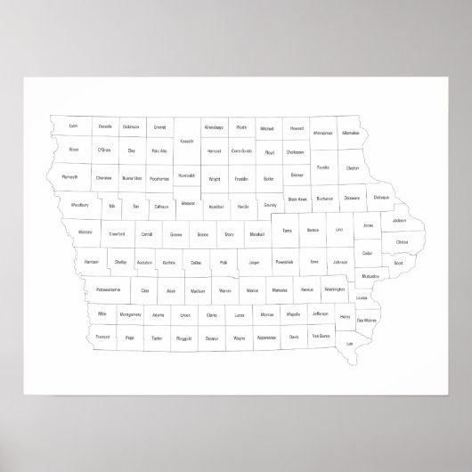 アイオワ州の州の概要と名前を示す地図 ポスター (正面)