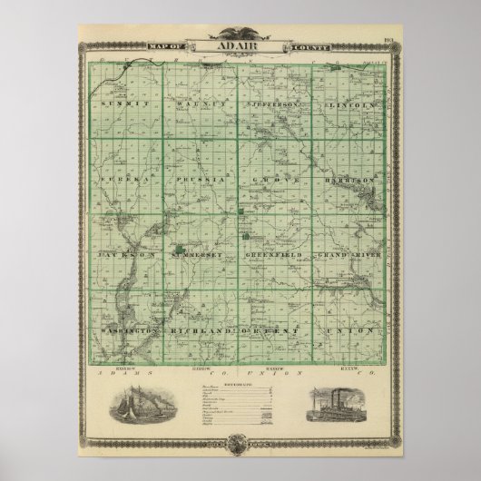 アイオワ州の州、アドエア県の地図 ポスター (正面)